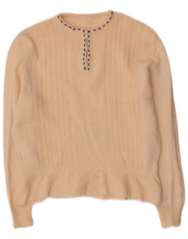 Vintage mujer cuello redondo jersey suéter Reino Unido 16 lana beige grande