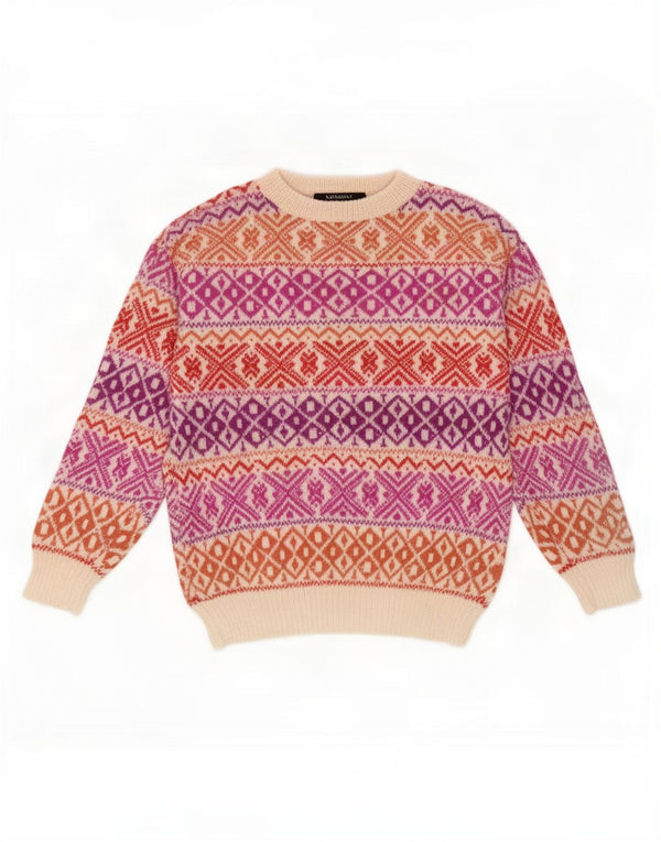 Vintage hombres cuello redondo jersey suéter pequeño multicolor Fair Isle