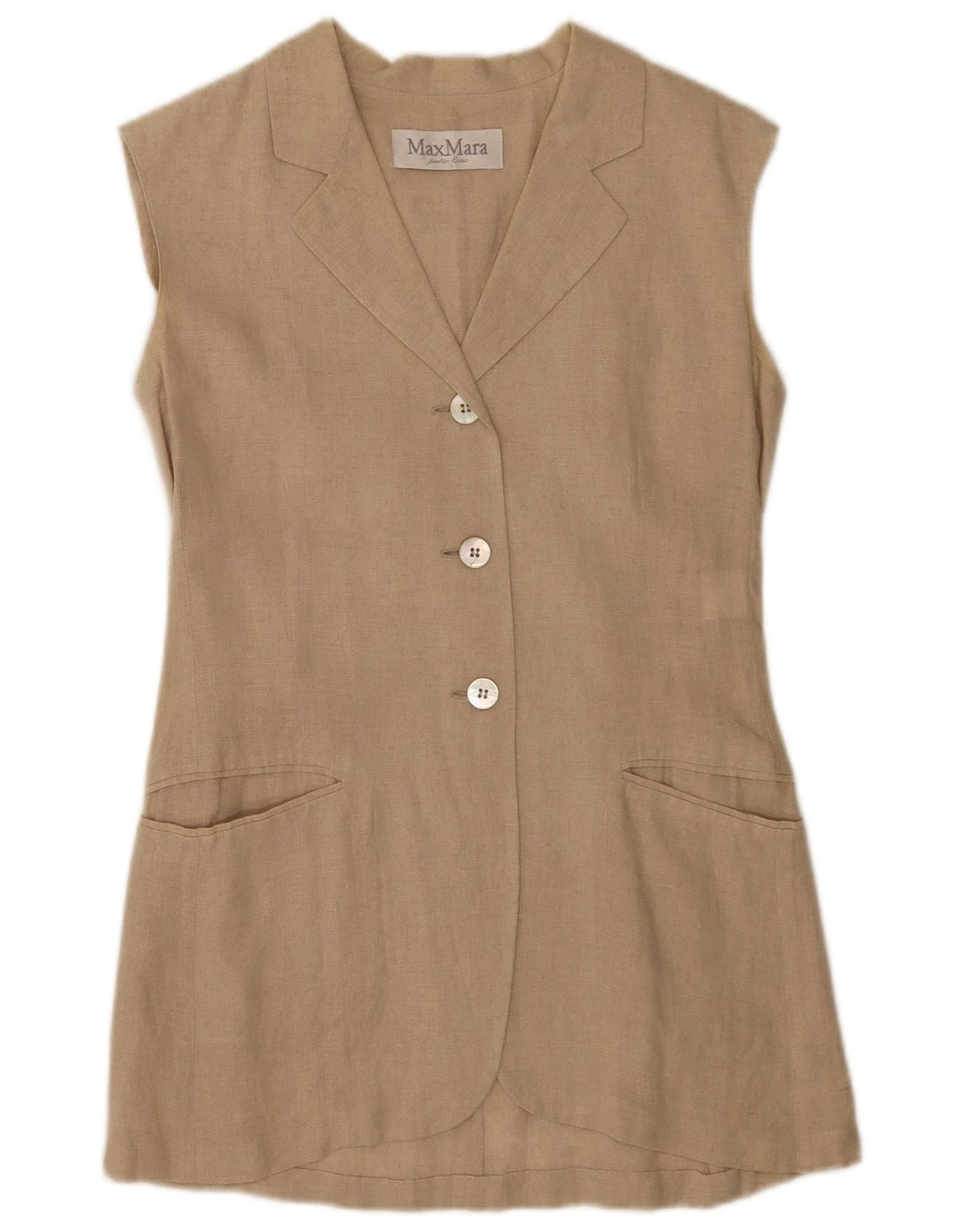 Max Mara Chaqueta tipo blazer sin mangas con 3 botones para mujer UK 10 Small Beige Linen
