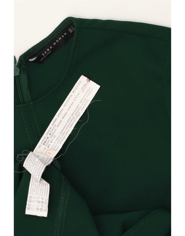 Zara Mujer Vestido Acampanado De Manga Larga UK 40 Pequeño Poliéster Verde