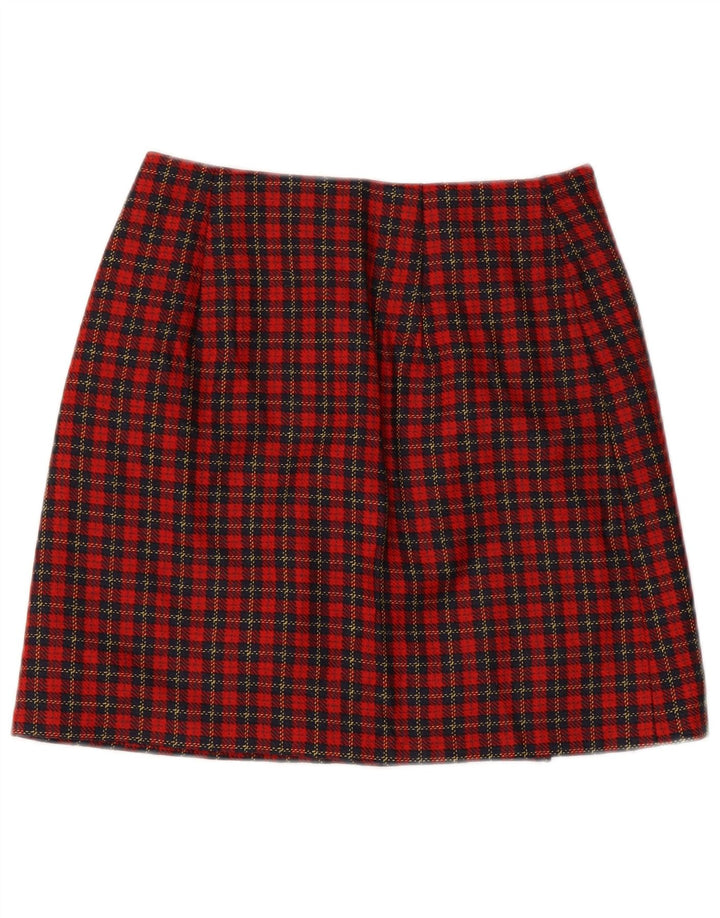Vintage mujer mini falda envolvente IT 42 Medio W28 Rojo Check Lana Virgen