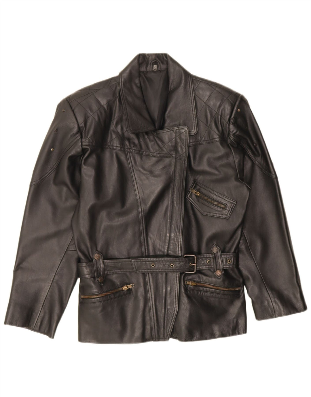 Vintage mujer chaqueta biker de cuero de gran tamaño EU 36 pequeño cuero negro