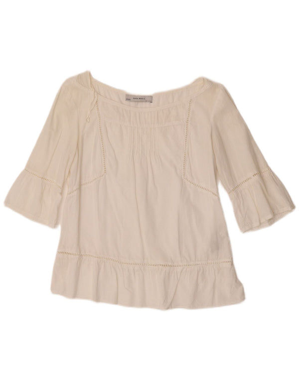 Zara Mujer Blusa Manga 3/4 Top UK 6 XS Algodón Blanco