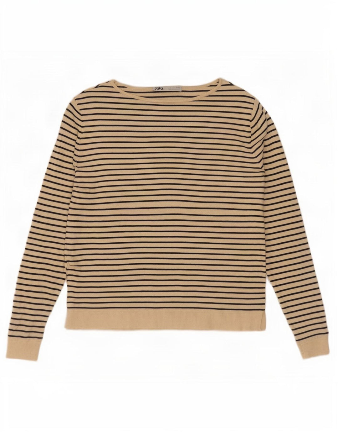 Zara Mujer Top Extragrande Manga Larga UK 10 Small Beige Rayas Náutico