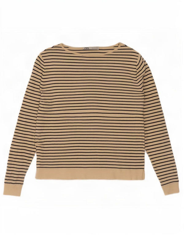 Zara Mujer Top Extragrande Manga Larga UK 10 Small Beige Rayas Náutico