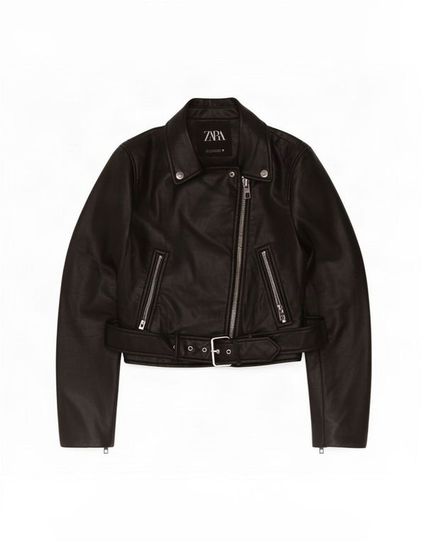 Zara Chaqueta Motera Corta De Piel Sintética Para Mujer UK 10 Small Poliéster Negro