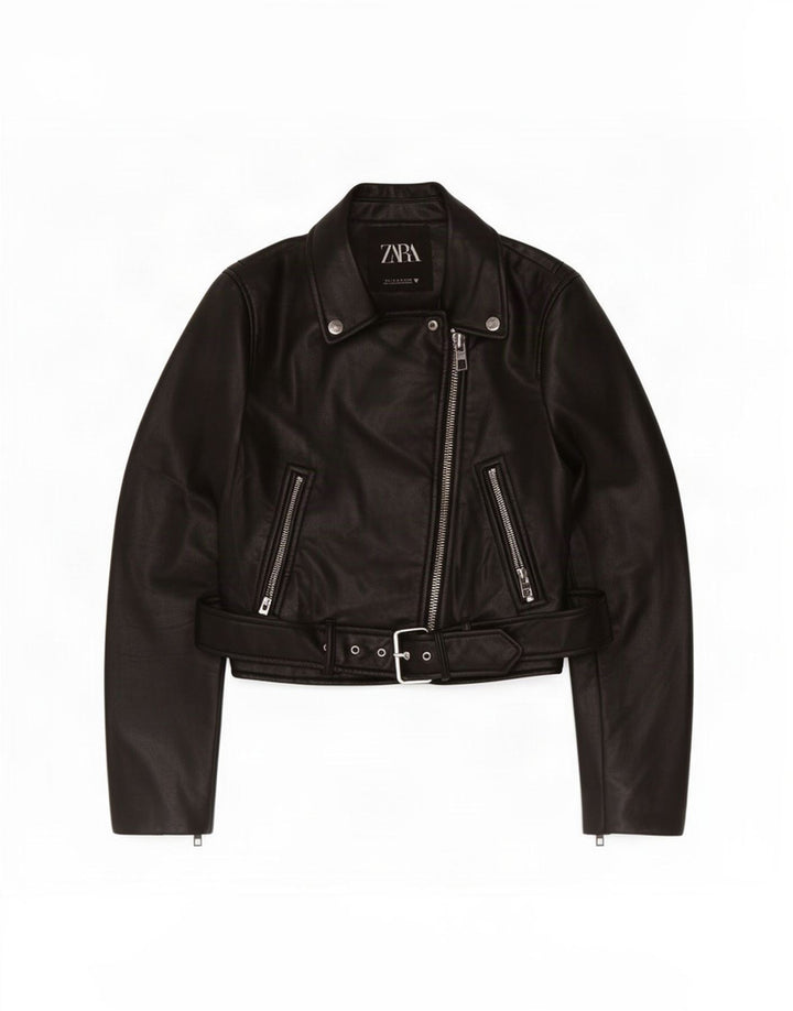 Zara Chaqueta Motera Corta De Piel Sintética Para Mujer UK 10 Small Poliéster Negro