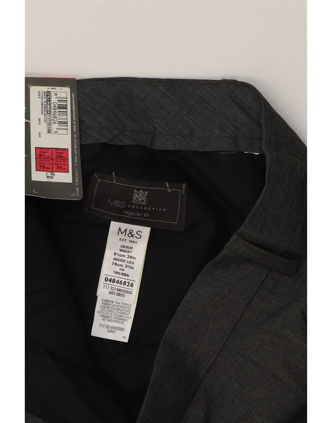 MARKS & SPENCER Pantalón de traje de corte regular para hombre W36 L31 Poliéster gris