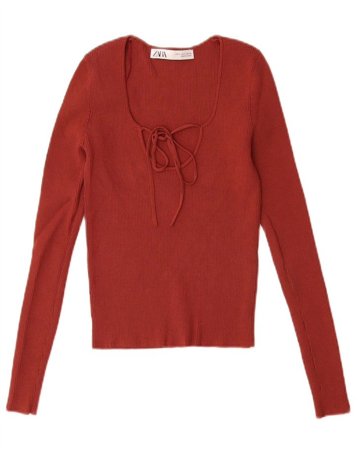 Zara Mujer Crop Top Manga Larga UK 8 Small Viscosa Roja