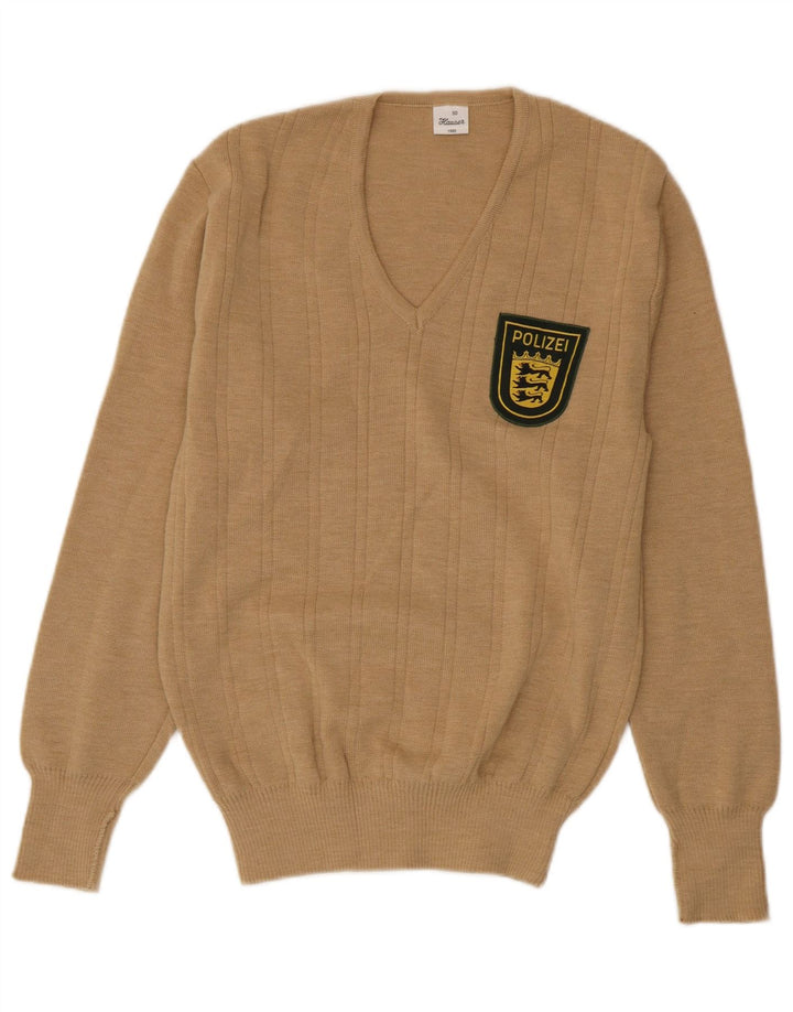 Vintage hombres V-cuello jumper suéter IT 50 medio beige acrílico