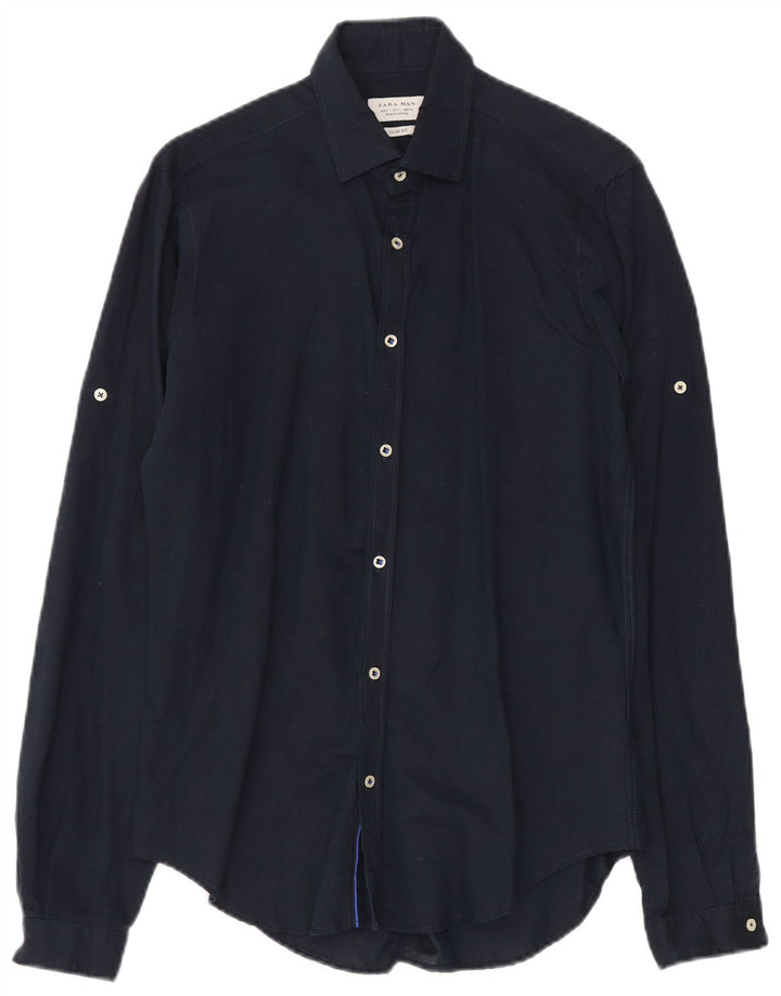 Zara Hombre Camisa Slim Fit Pequeña Lino Azul Marino