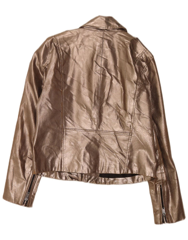 Zara Chaqueta Motera De Cuero Para Mujer UK 44 Grande Dorada