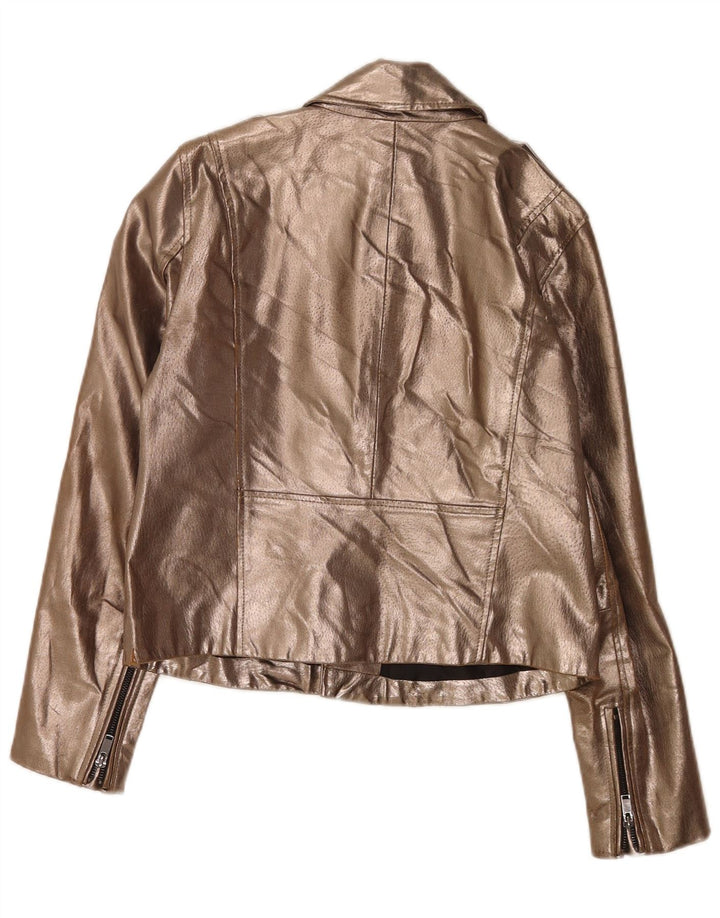 Zara Chaqueta Motera De Cuero Para Mujer UK 44 Grande Dorada