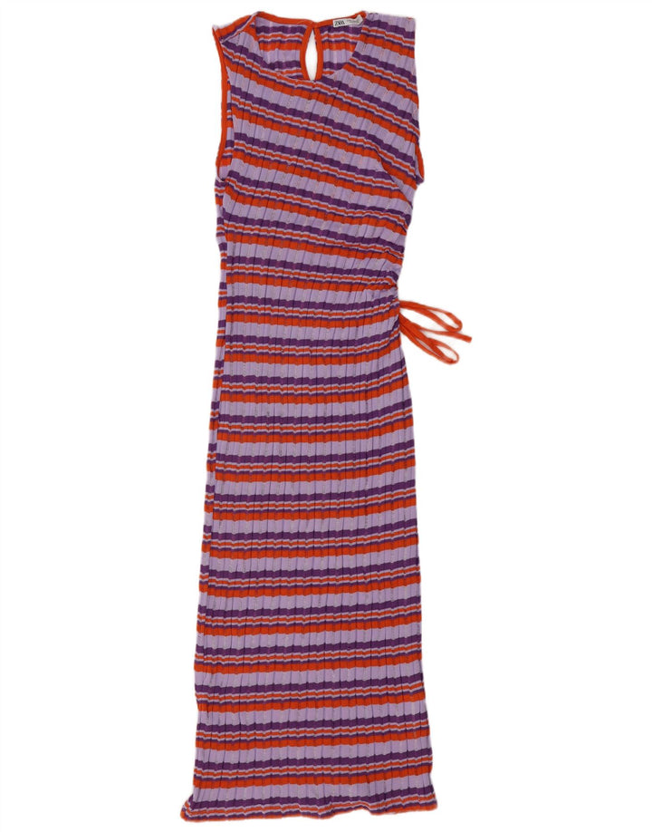 ZARA Vestido tipo jersey sin mangas para mujer UK 42 Poliéster a rayas morado medio