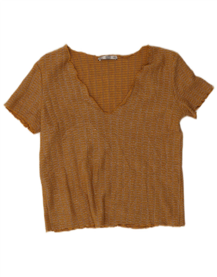 Zara Mujer Blusa Corta Top UK 10 Pequeño Poliéster Moteado Amarillo