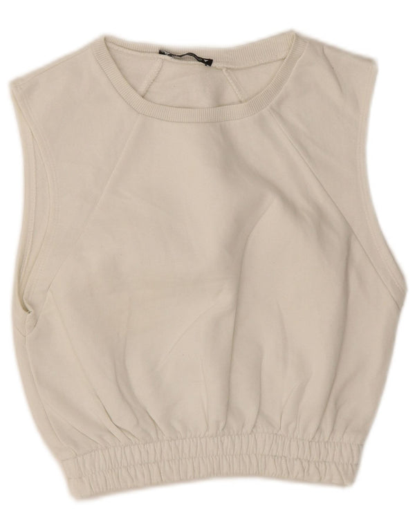 Zara Mujer Crop Sin Mangas Sudadera Jumper UK 10 Small White Cotton