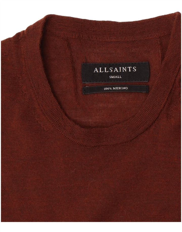 All Saints Jersey de cuello redondo para hombre, talla pequeña, lana merino marrón