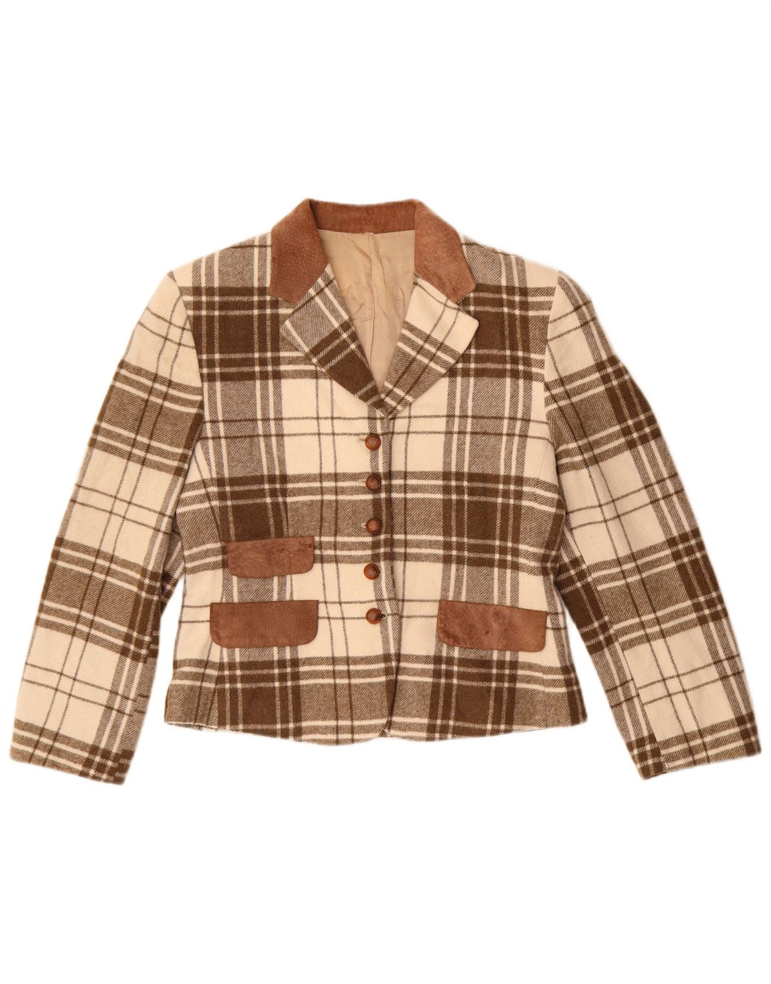 Vintage mujer 5 botones Blazer chaqueta Reino Unido 14 marrón medio comprobar poliacrílico