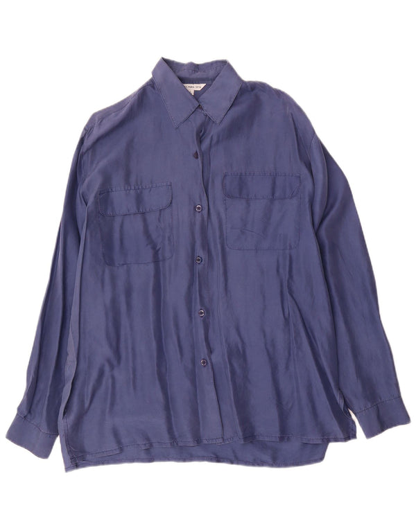 Vintage mujer camisa blusa Reino Unido 16 grande seda azul marino