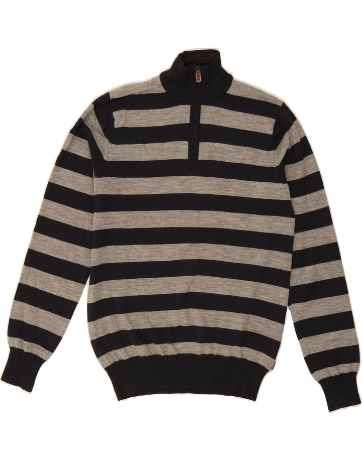 TIMBERLAND Mens Regular Fit Zip Neck Jumper Sweater Medium Grey Striped Vintage Timberland and Second-Hand Timberland from Messina Hembry 