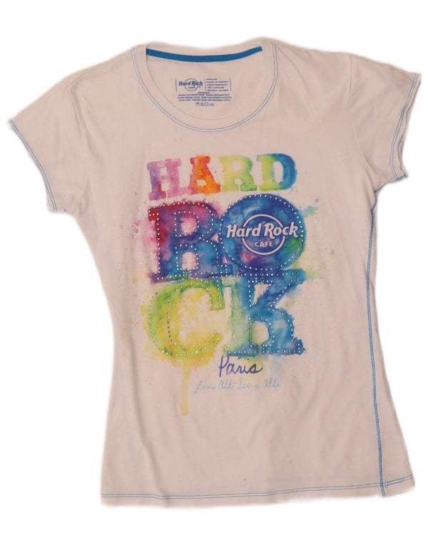 Hard Rock Cafe Mujer Paris Graphic Camiseta Top UK 12 Medium Blanco Algodón