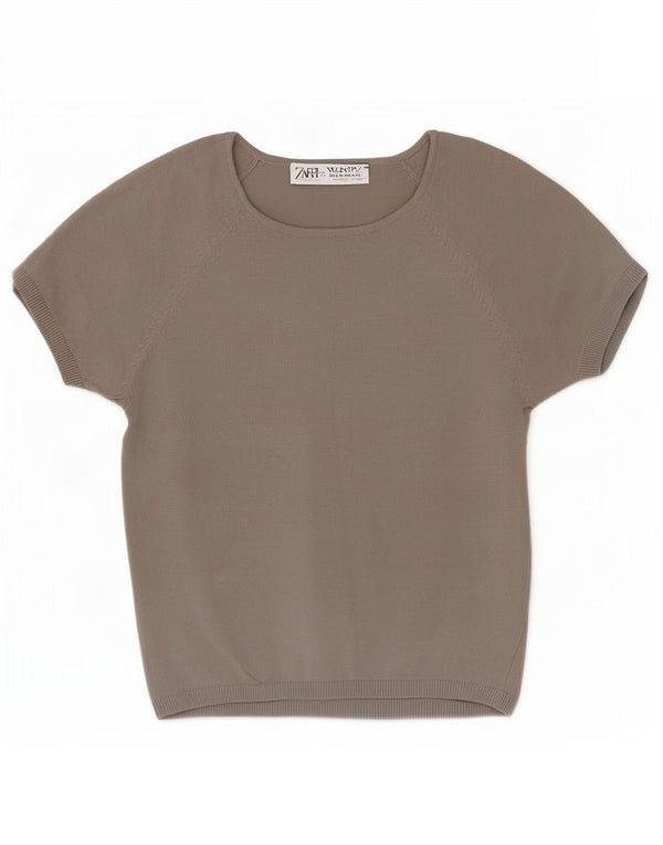 Zara Mujer Crop Blusa Top UK 44 Grande Viscosa Gris