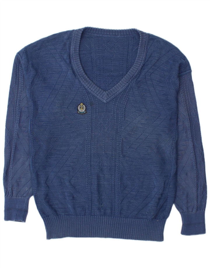 Vintage hombres V-cuello jumper suéter IT 48 algodón azul medio