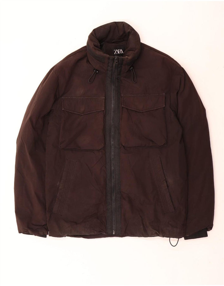 Zara Mens Chaqueta Acolchada Con Capucha UK 36 Small Poliéster Negro