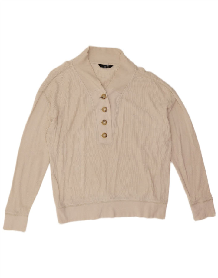 Ralph Lauren - Sudadera con cuello y botones para mujer, talla 40, tamaño mediano, algodón blanco