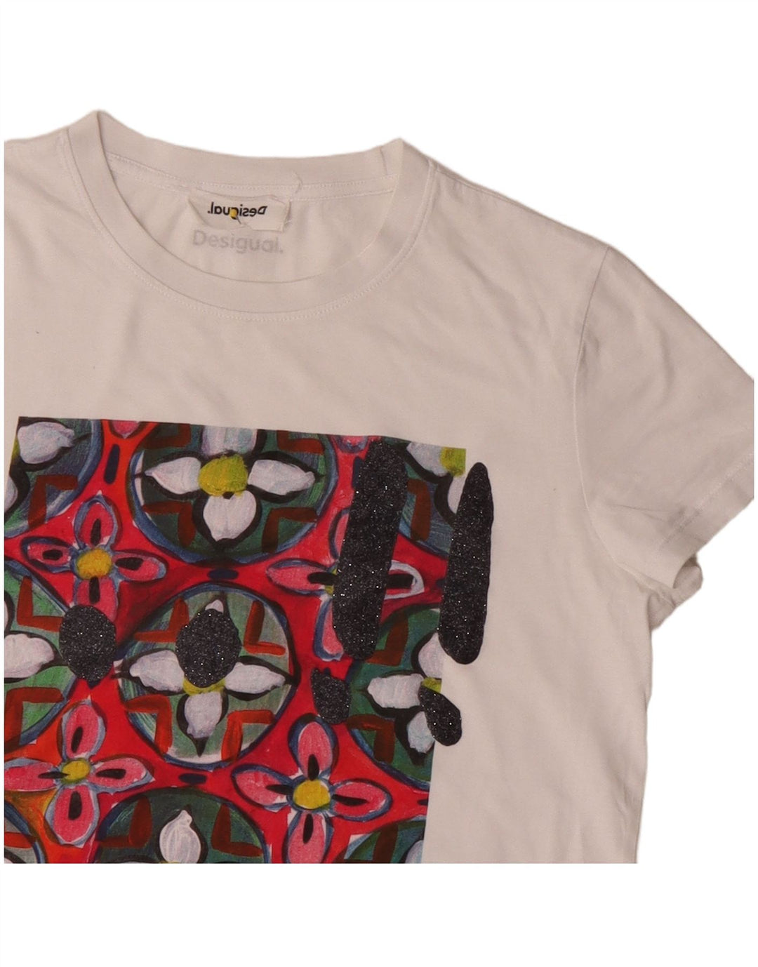 Desigual Mujer Camiseta Gráfica Top UK 12 Medium Blanco