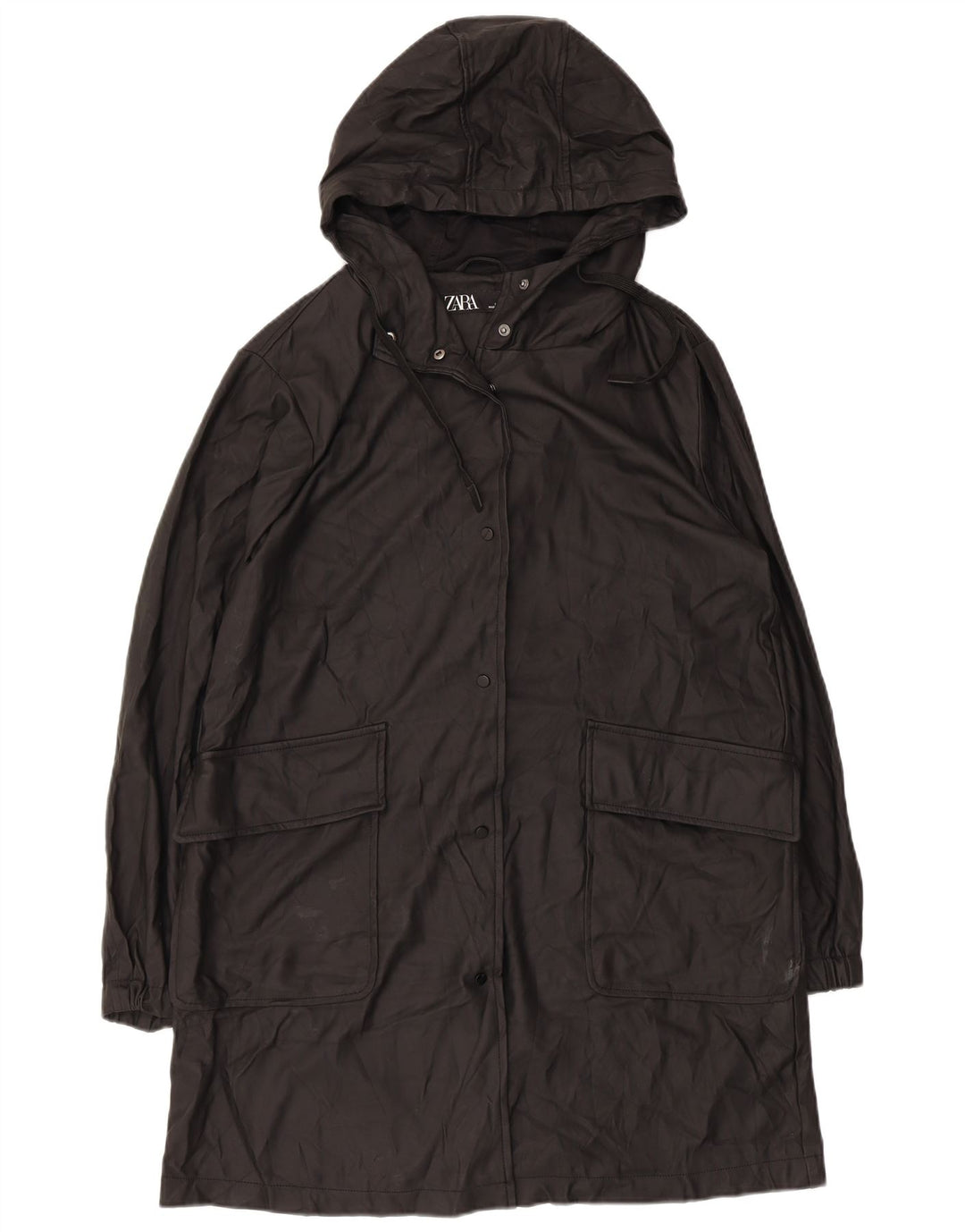 Zara Mujer Chubasquero Con Capucha UK 44 Mediano Negro