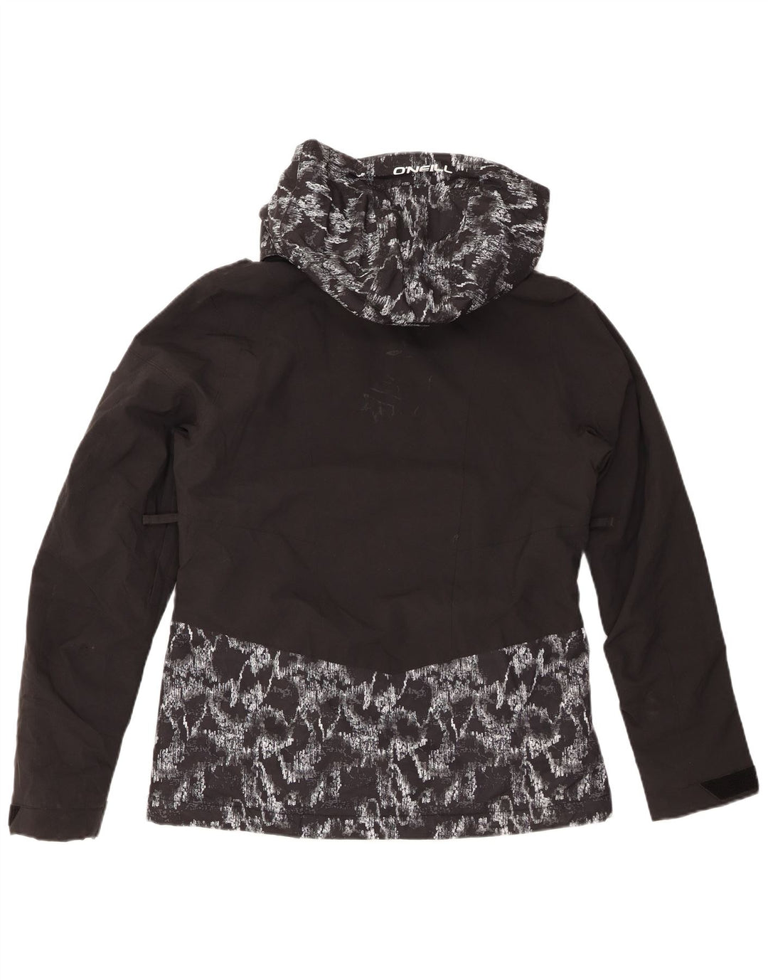 O'NEILL Chaqueta impermeable con capucha y estampado abstracto para mujer, talla 44, talla M, color negro