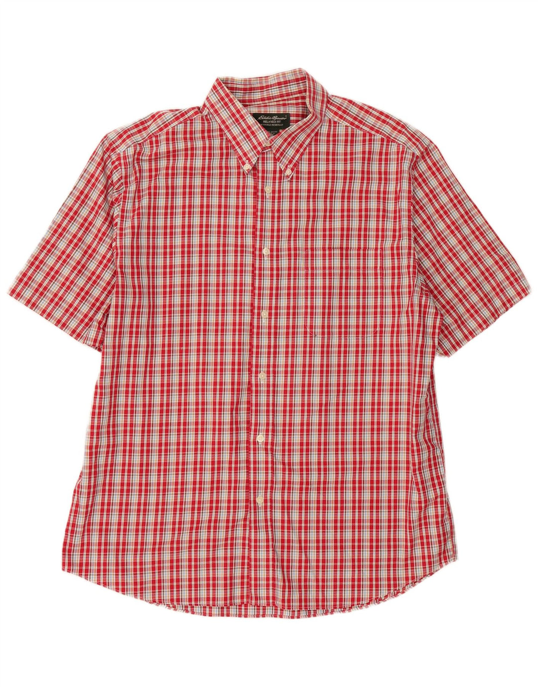 Eddie Bauer Camisa de manga corta resistente a las arrugas para hombre, cuadros rojos grandes