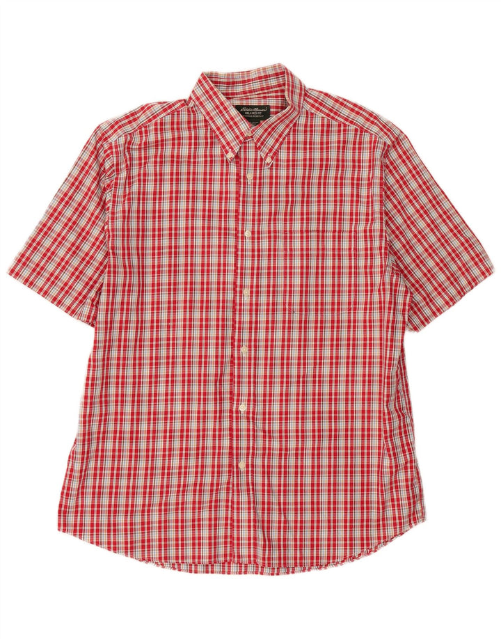 Eddie Bauer Camisa de manga corta resistente a las arrugas para hombre, cuadros rojos grandes