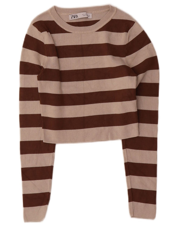 Zara Mujer Crop Top Manga Larga UK 8 Small Marrón Rayas Viscosa