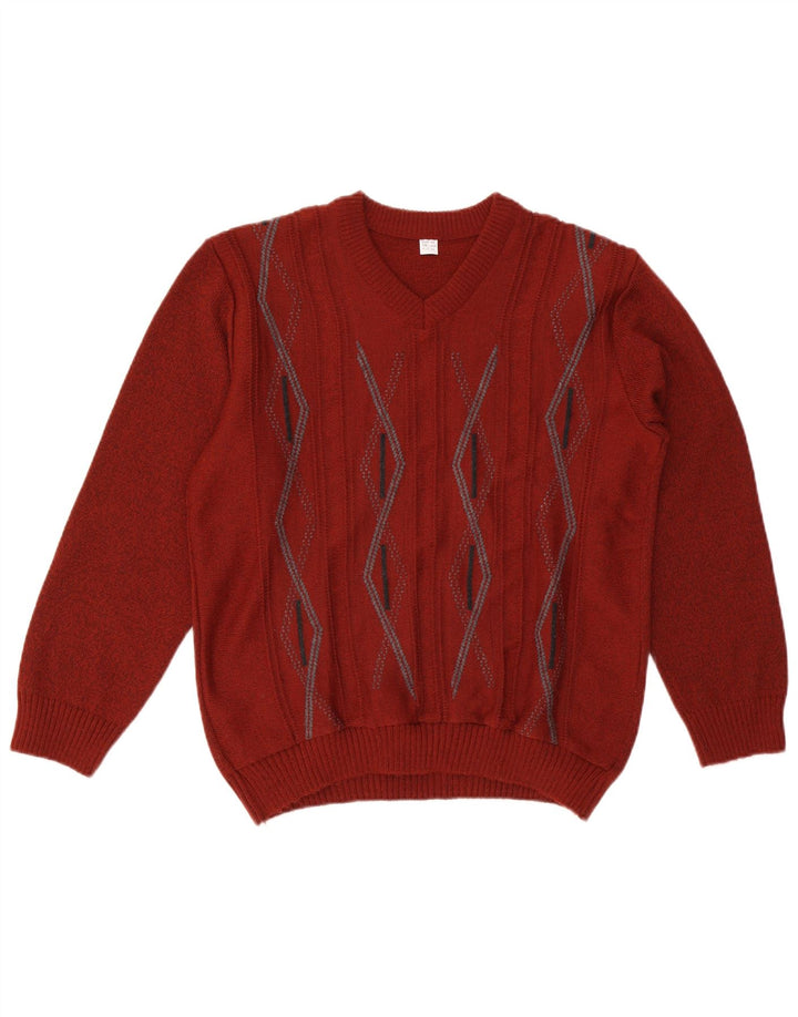 Vintage hombres V-cuello jumper suéter Reino Unido 38 medio granate geométrico