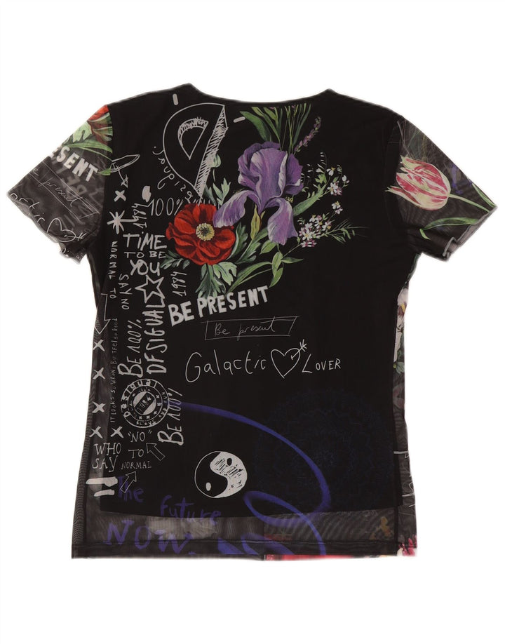 Desigual Mujer Camiseta Gráfica Top UK 12 Mediano Negro Floral Poliéster