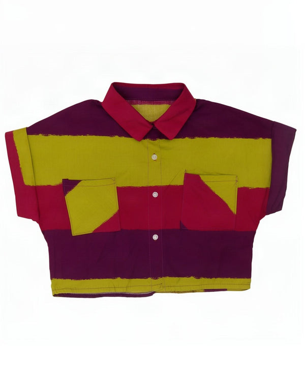 Vintage mujer crop manga corta camisa Reino Unido 14 medio multicolor rayas