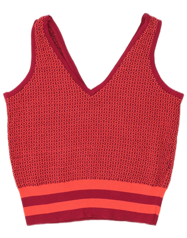 Zara Mujer Crop Knit Vest Top UK 10 Small Rojo Geométrico Viscosa