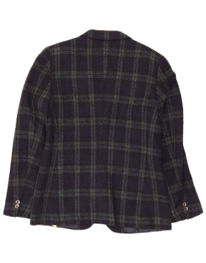 VINTAGE Chaqueta Blazer de 2 Botones para Mujer IT 44 Lana a Cuadros Azul Marino Medio