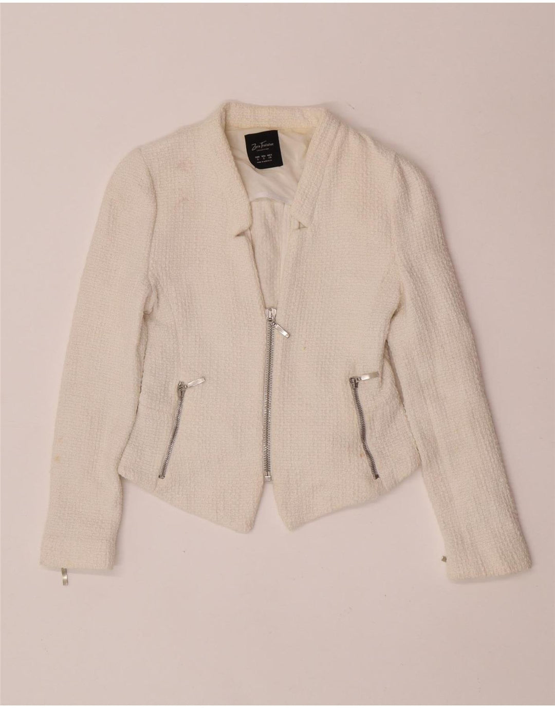 Zara Mujer Crop Blazer Chaqueta UK 8 Small Algodón Blanco