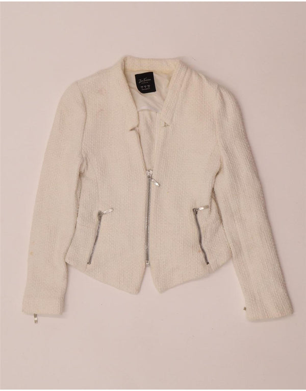 Zara Mujer Crop Blazer Chaqueta UK 8 Small Algodón Blanco