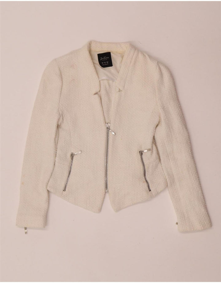 Zara Mujer Crop Blazer Chaqueta UK 8 Small Algodón Blanco