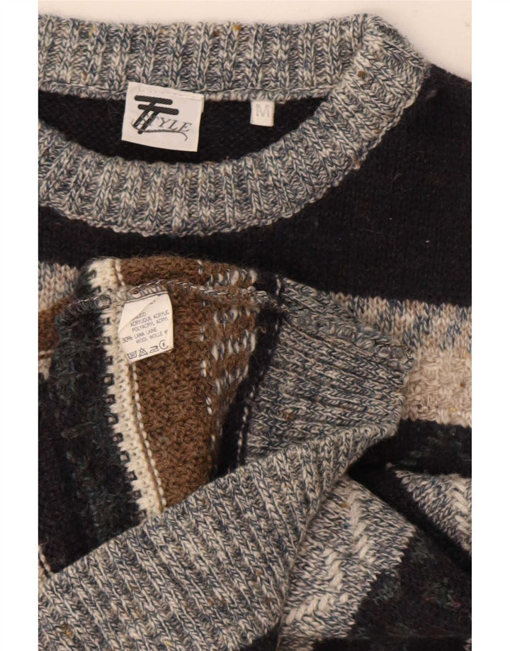 Vintage hombres barco cuello jumper suéter medio multicolor geométrico