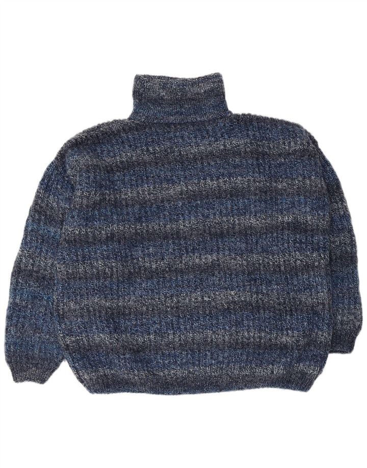 Vintage hombres sueltos ajuste roll cuello jersey suéter medio azul rayas