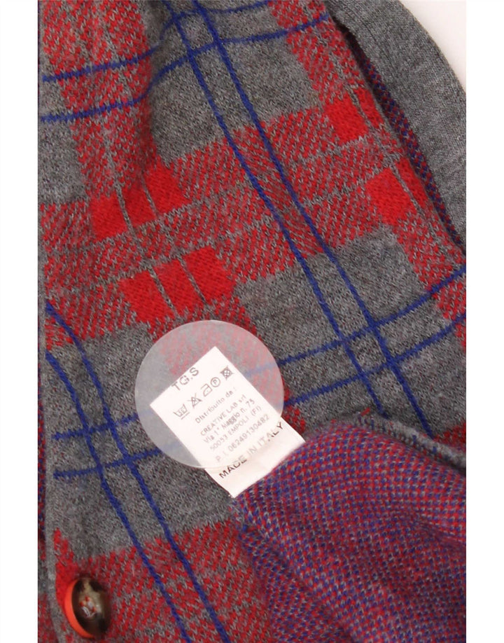 Vintage hombres sin mangas Cardigan suéter pequeño gris comprobar lana