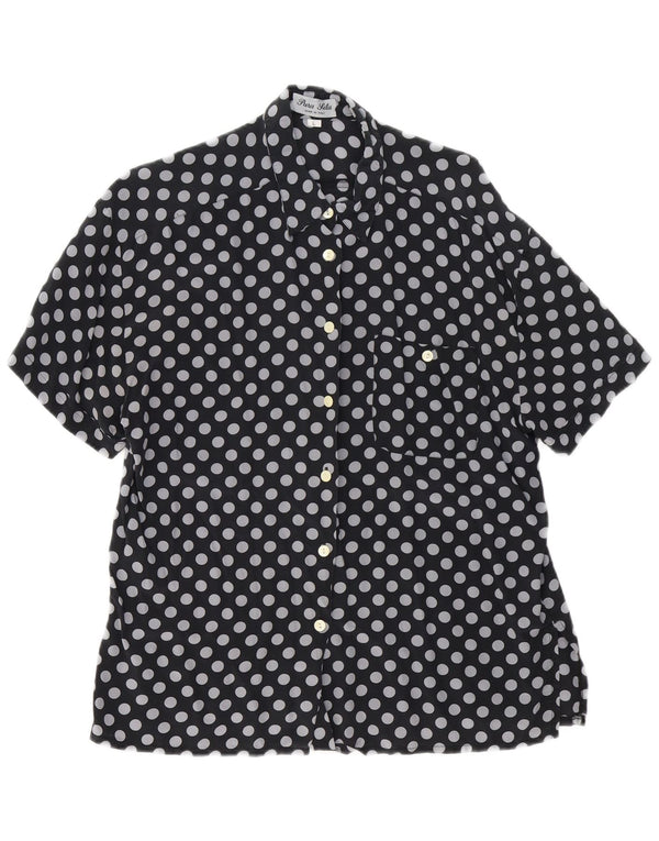 Vintage mujer camisa de manga corta blusa Reino Unido 16 grande negro lunares seda