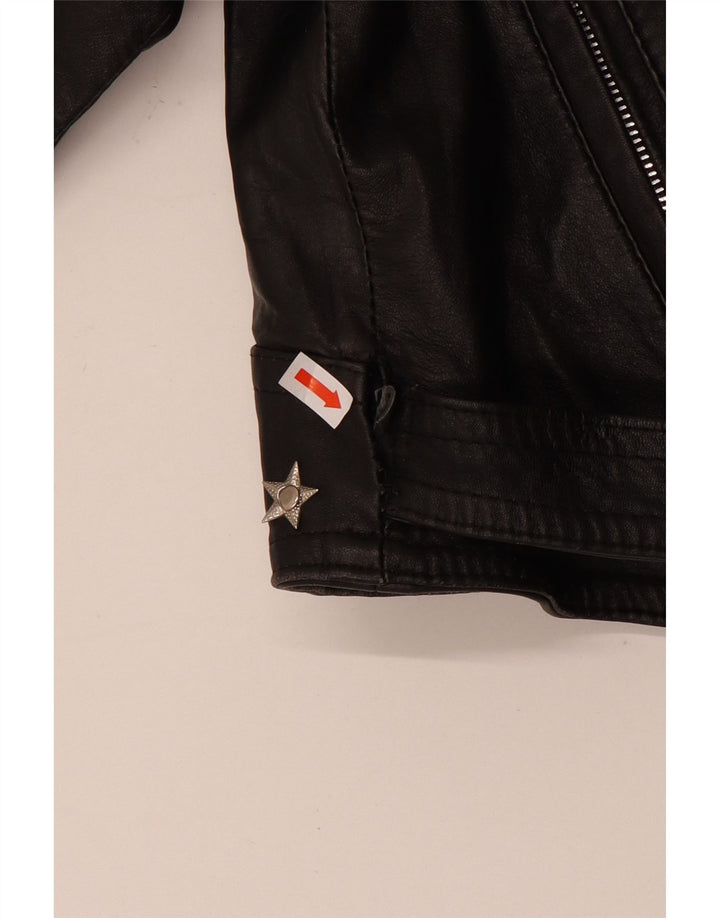 Vintage mujer crop cuero biker chaqueta Reino Unido 12 cuero negro medio