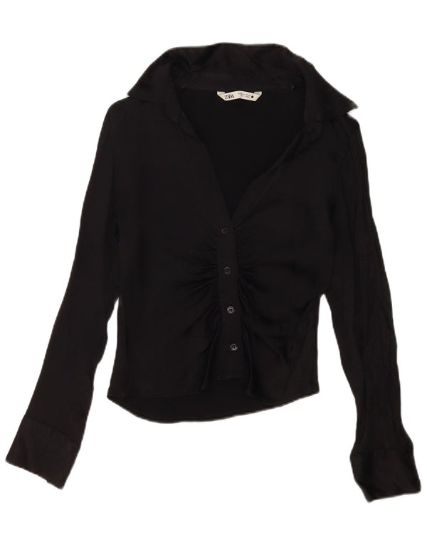 Zara Mujer Crop Shirt Blusa UK 10 Small Viscosa Negra