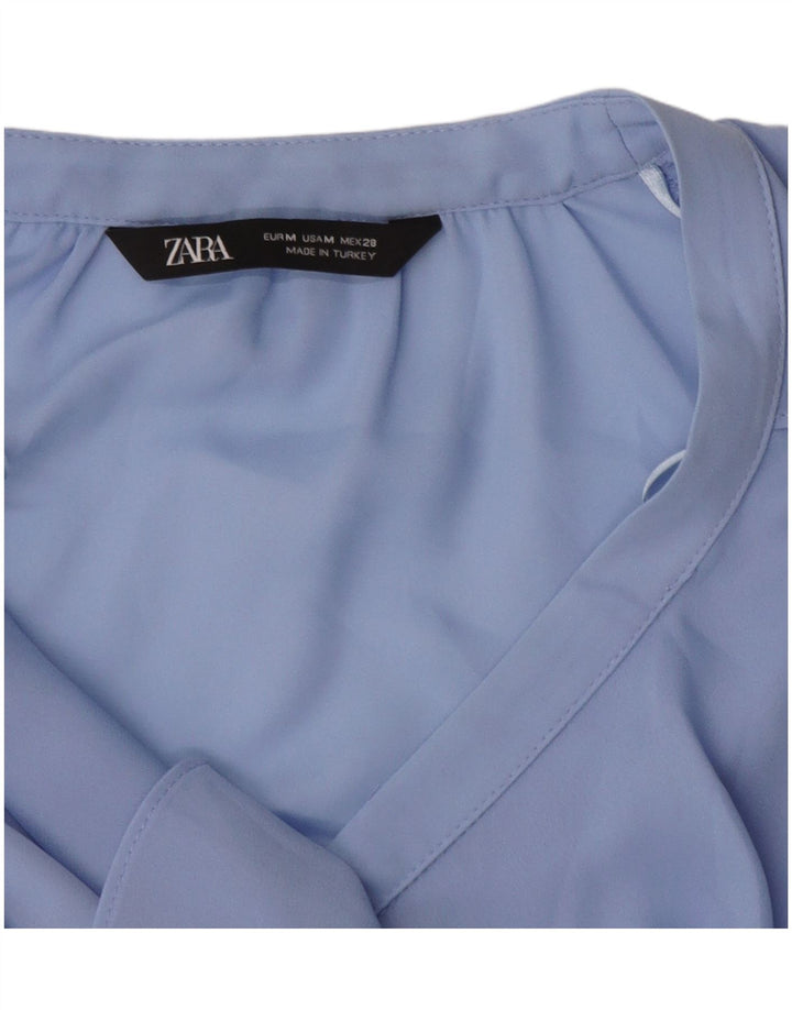 ZARA Mujer Blusa Camisera Con Volantes Delanteros UK 44 Azul Medio